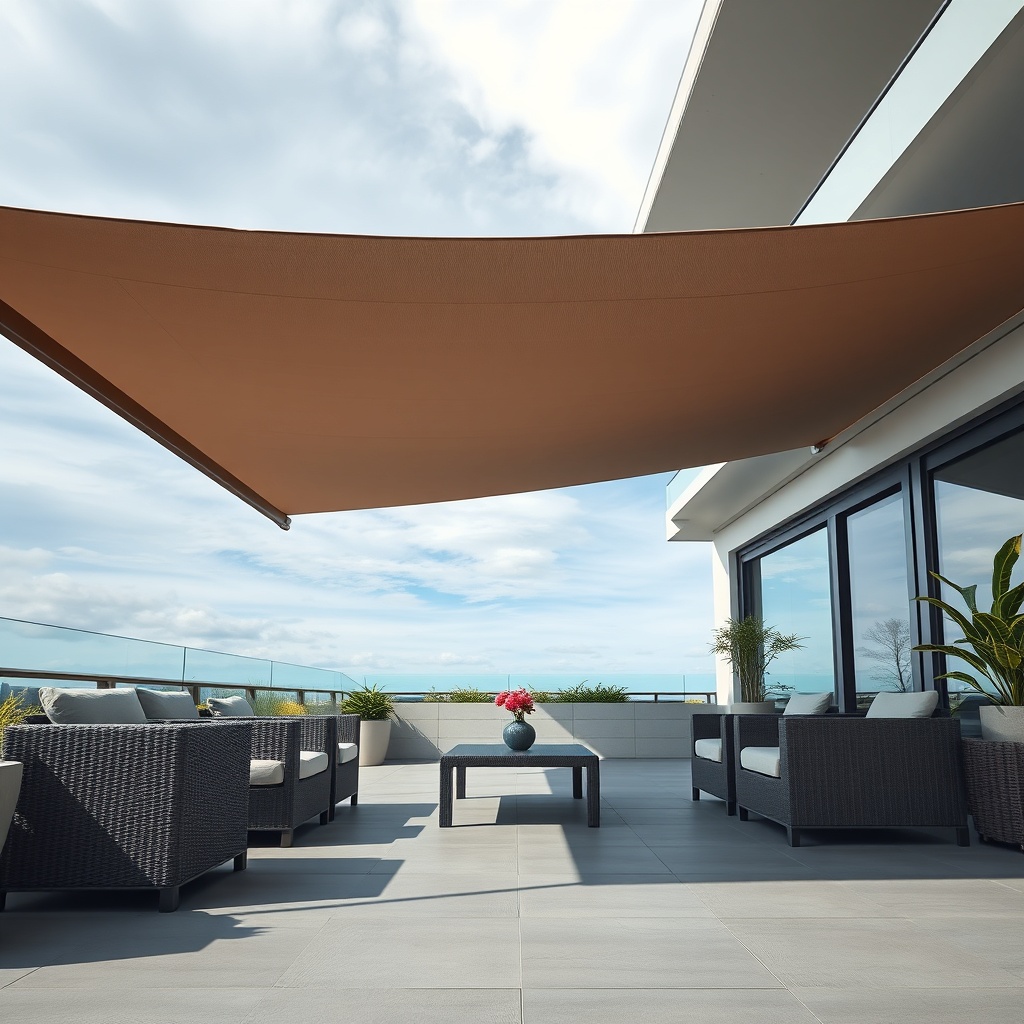 A photorealistic wide-angle shot of a modern terrace with a fully extended Markilux 780 Ma