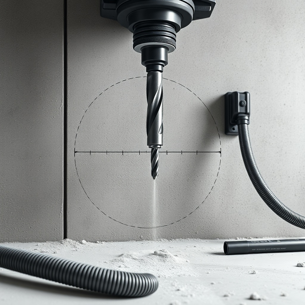 A clean photorealistic close-up of a drill bit entering a concrete wall with precise align