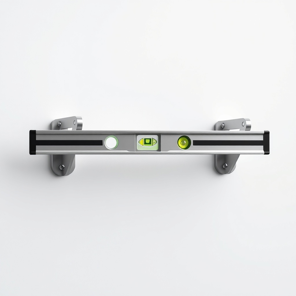 A photorealistic image of two metal wall brackets mounted on a white plastered wall with a