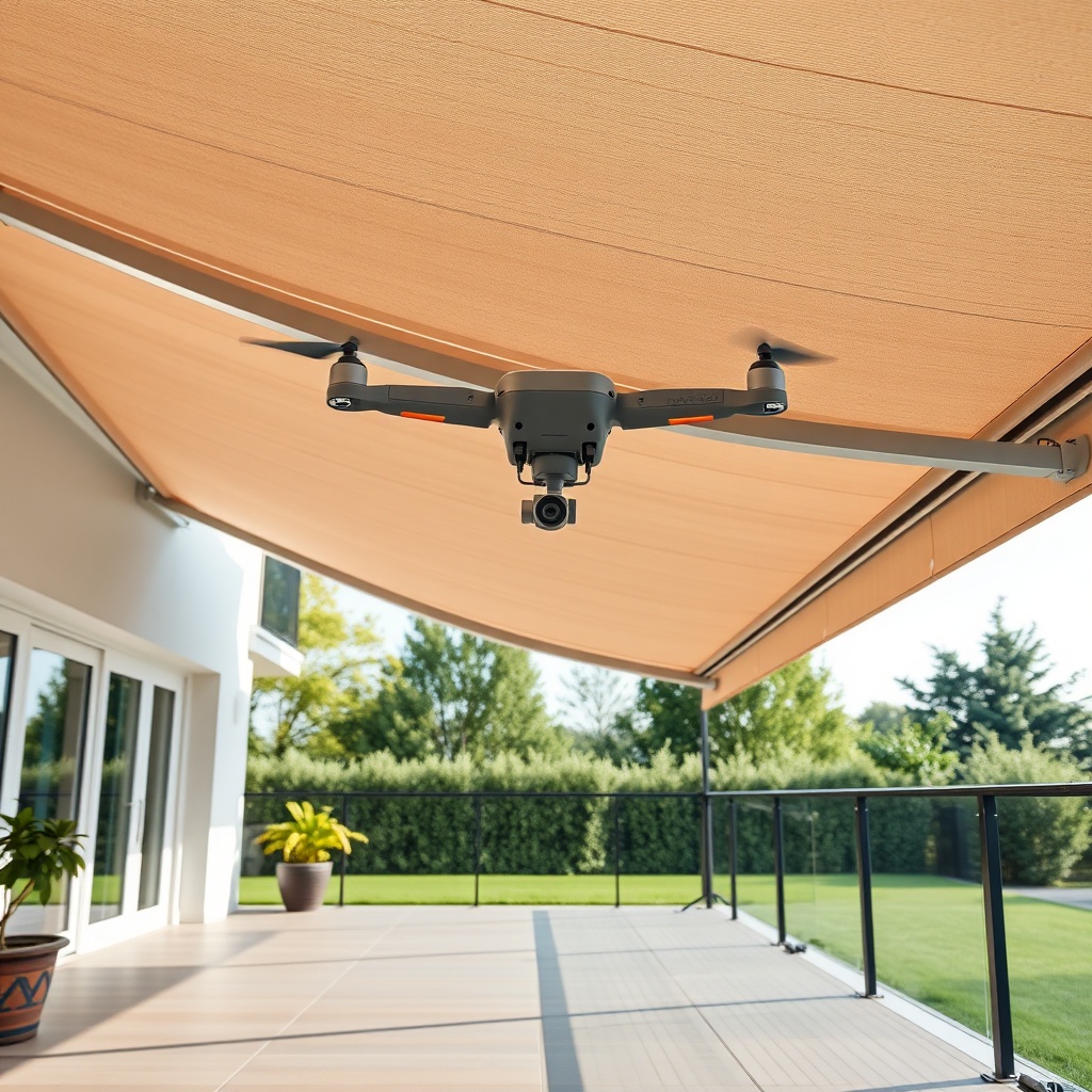 A clean drone shot of a large modern terrace with a Markilux 780 awning fully extended