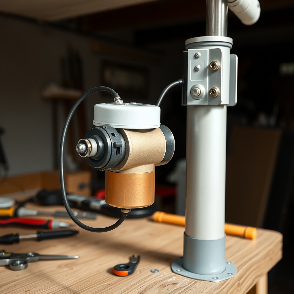A close-up photo of a Rohrmotor being inserted into the awning roller tube