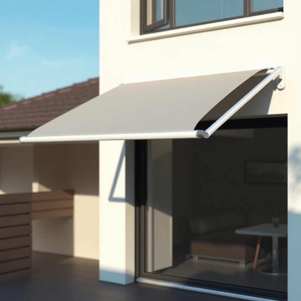 A photorealistic side view of a Markilux 780 Markise mounted on a modern house facade