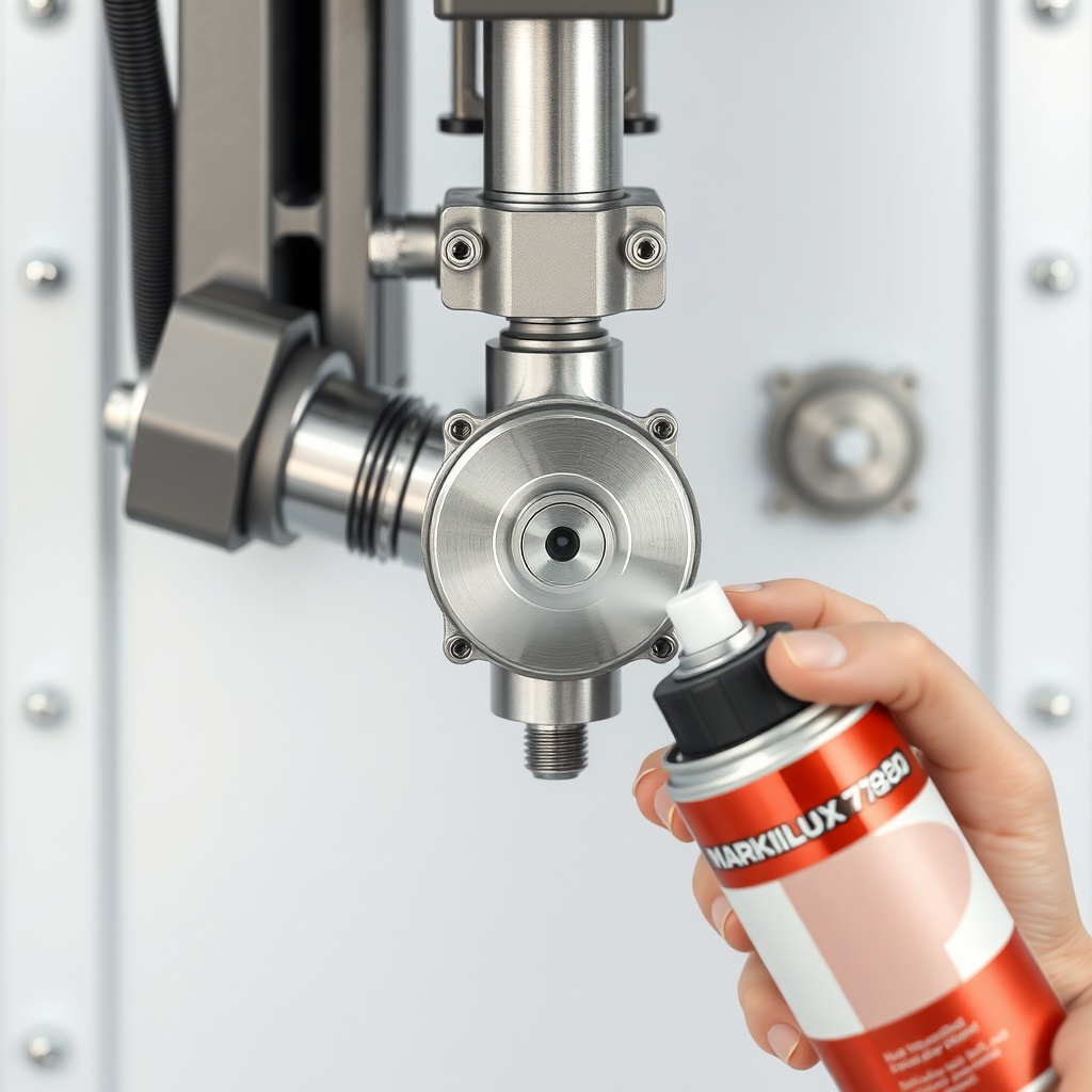 Overhead view of a Markilux 780 arm joint being sprayed with a silicone spray