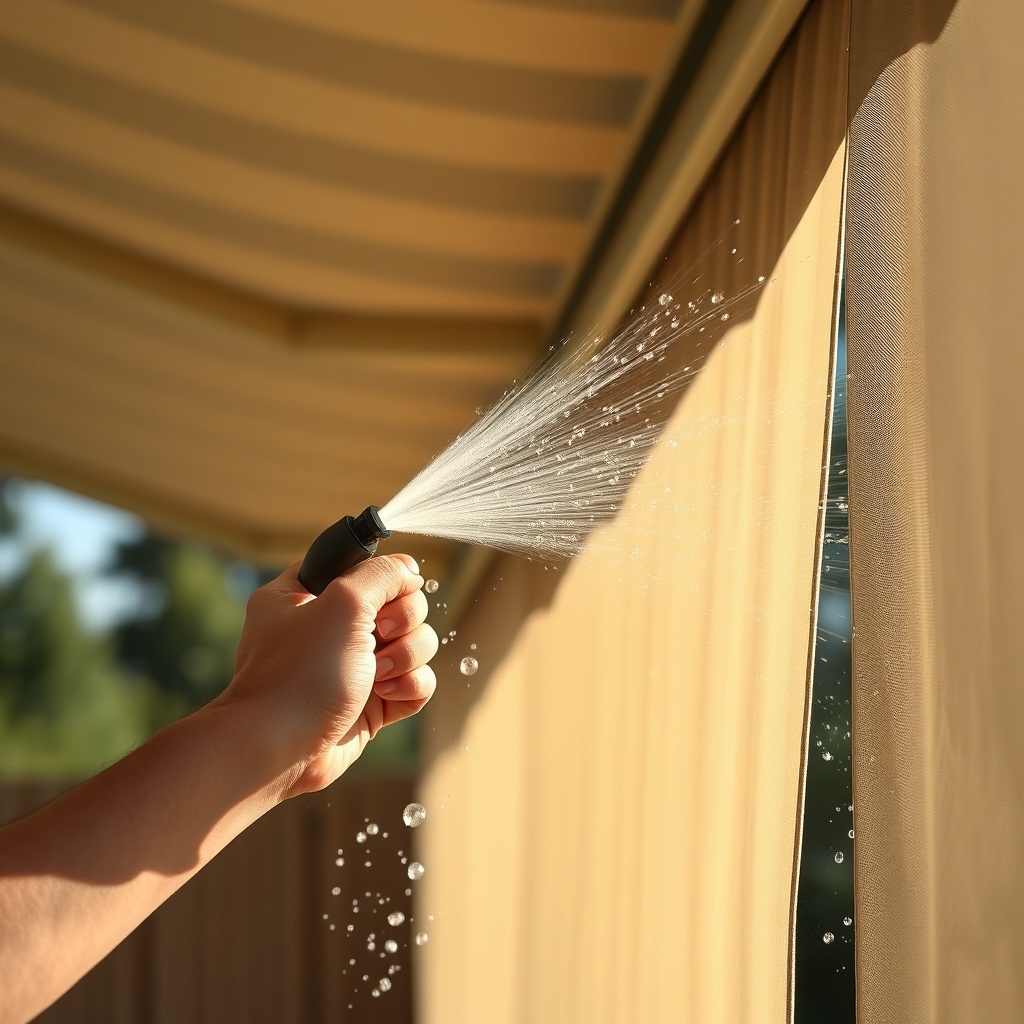 A close-up photorealistic photo of a person gently spraying clear water from a garden hose