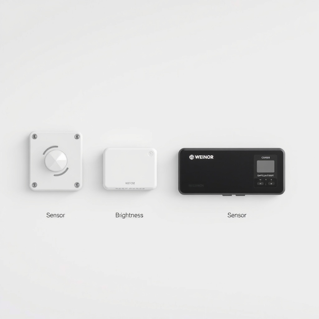 A photorealistic illustration showing three different sensor types next to a Weinor ArcTec