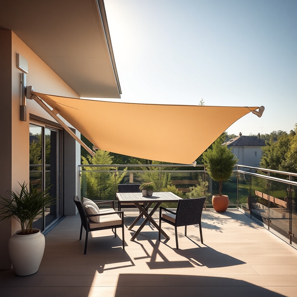 A clean photorealistic photo of a modern terrace with a Warema Top Line markise fully exte