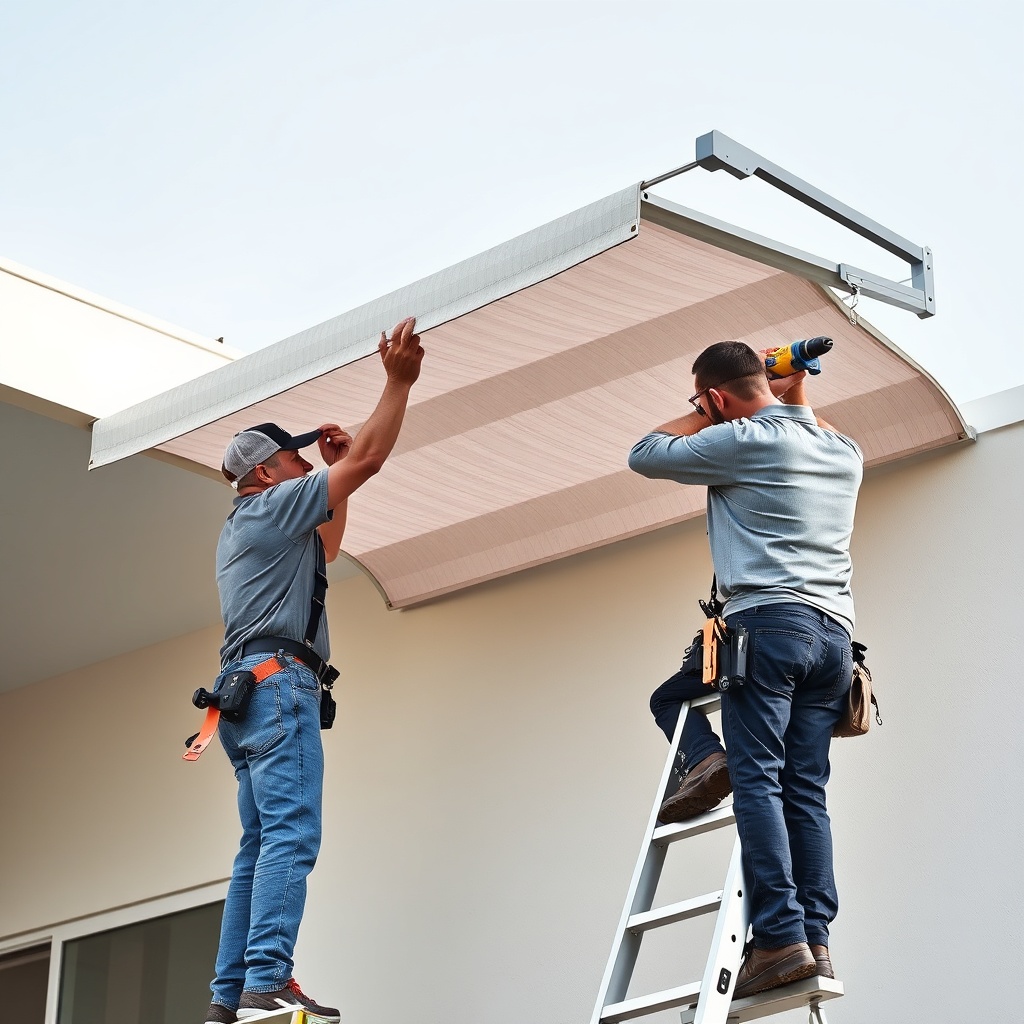 A photorealistic photo of two installers on a ladder mounting a Weinor ArcTec awning to a