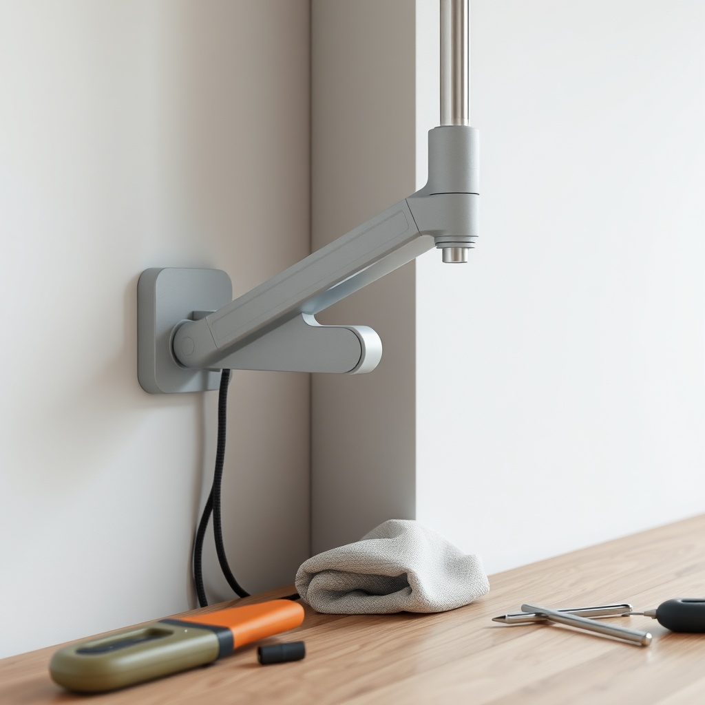 A clean photorealistic close-up of a Warema Top Line arm mechanism being detached from a w