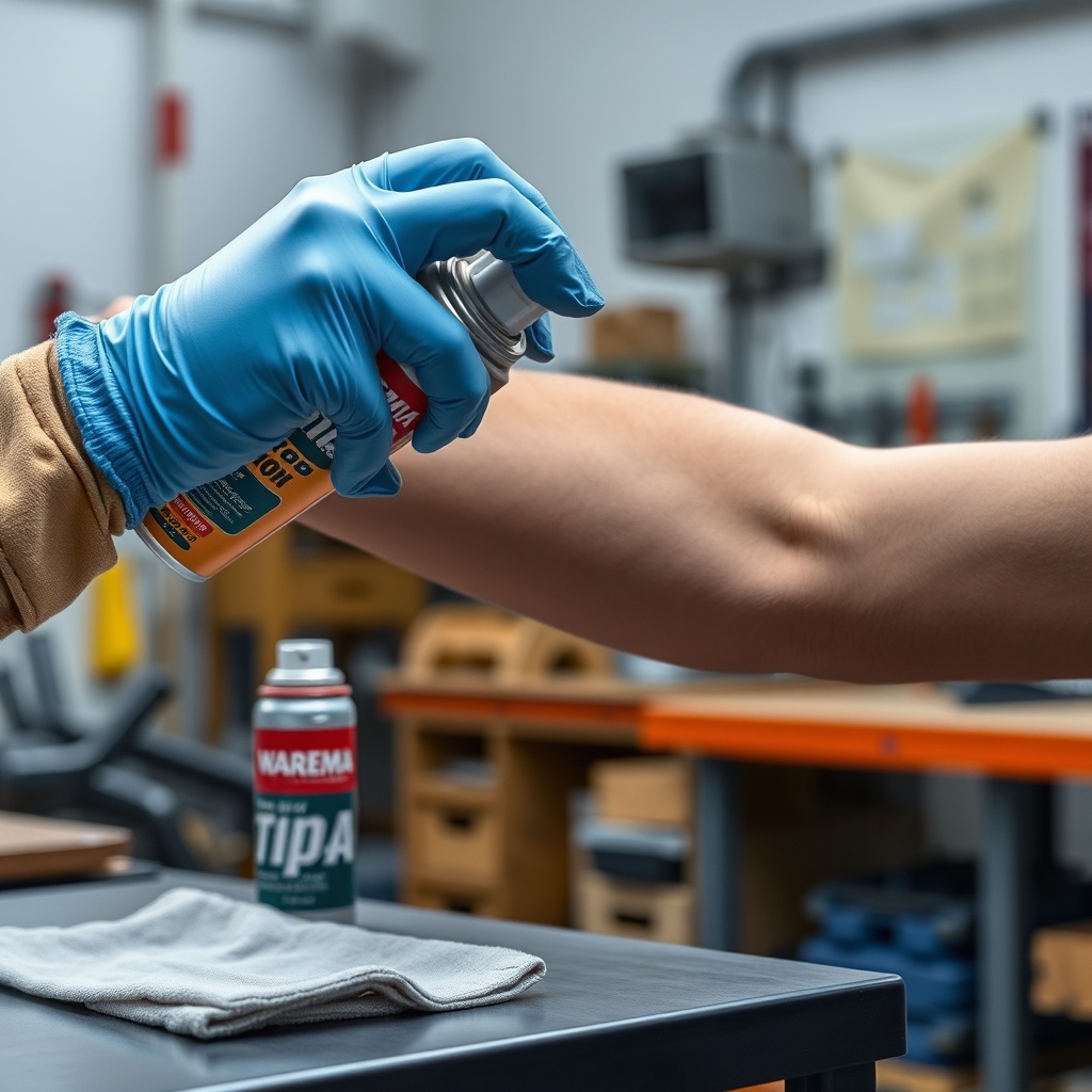A photorealistic photo of a gloved hand applying spray lubricant to a Warema Top Line arm