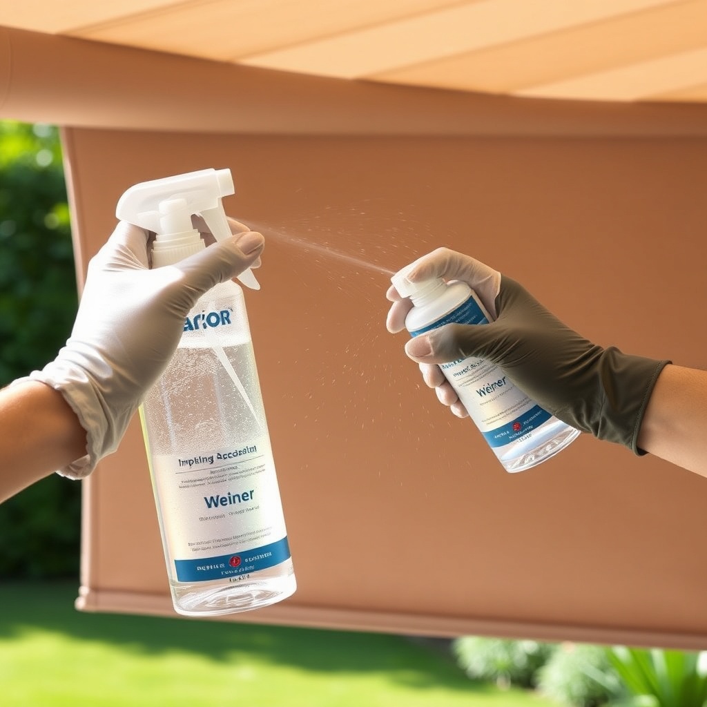 A clean photorealistic photo of a Weinor ArcTec cassette awning being sprayed with a clear