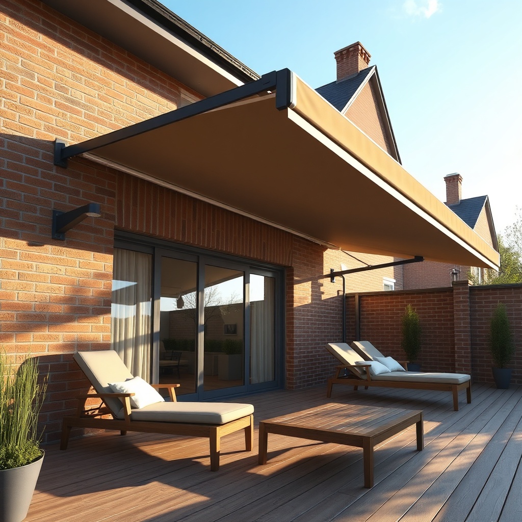 A modern terrace with a Markilux 780 awning mounted externally on a solid brick wall