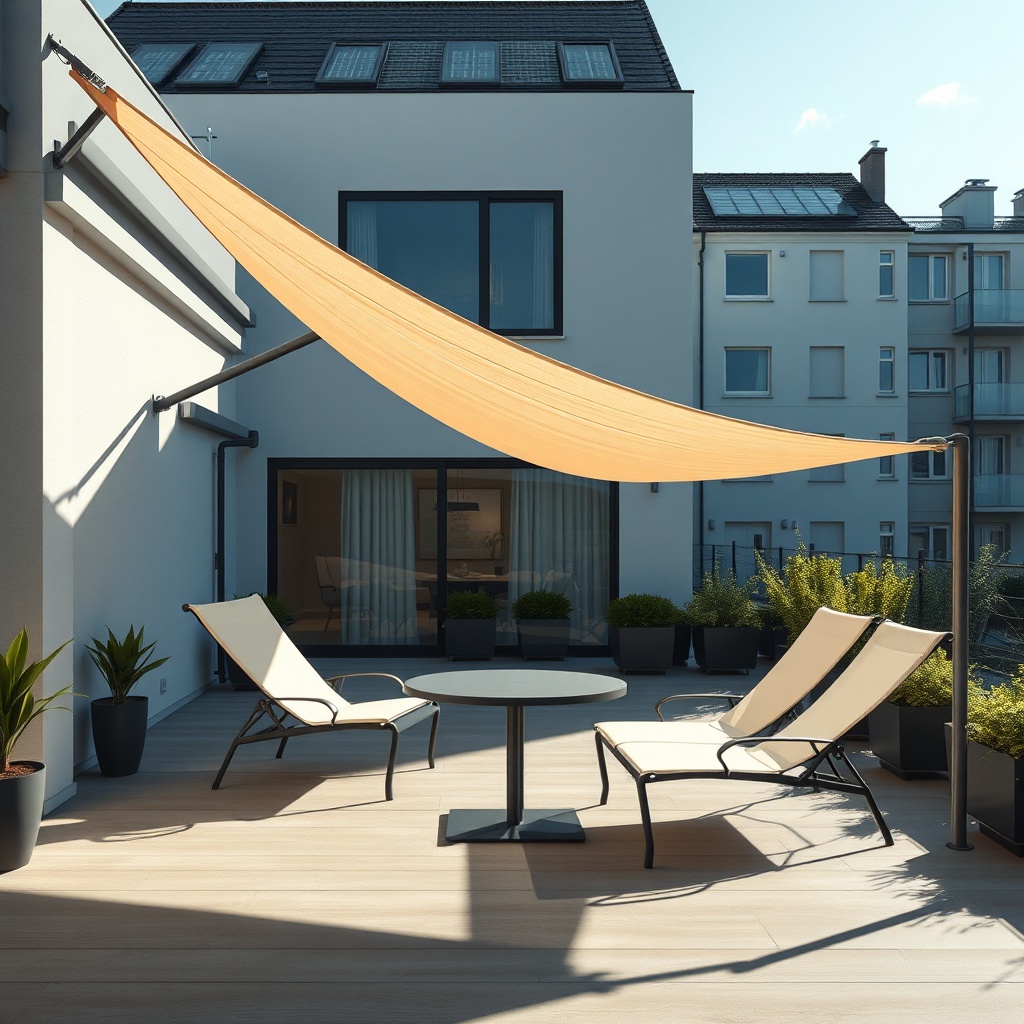 A photorealistic wide-angle shot of an urban terrace with a fully extended Warema Top Line