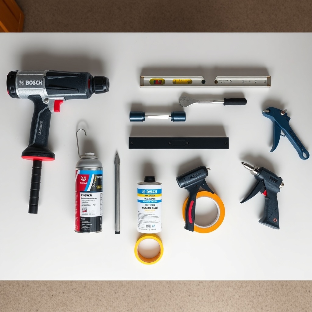 A photorealistic top-down view of a workshop table with tools laid out for awning mounting
