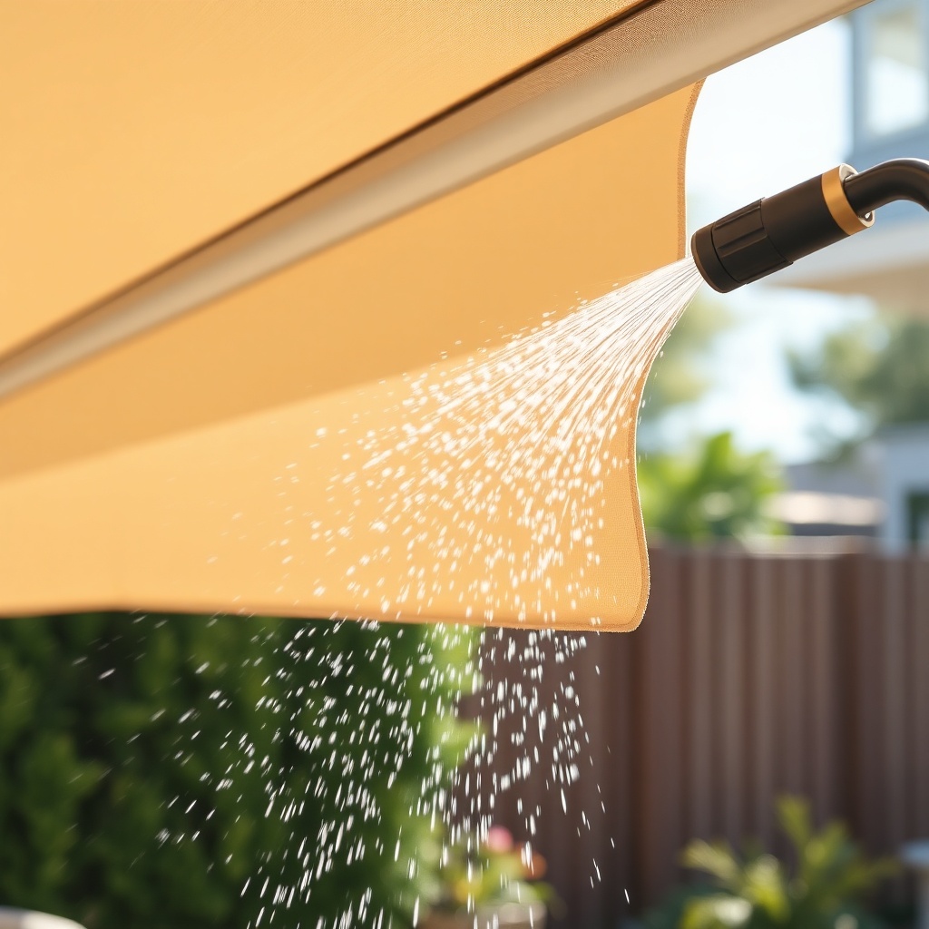 Close-up photorealistic photo of a clean Warema Top Line awning fabric being hosed with a
