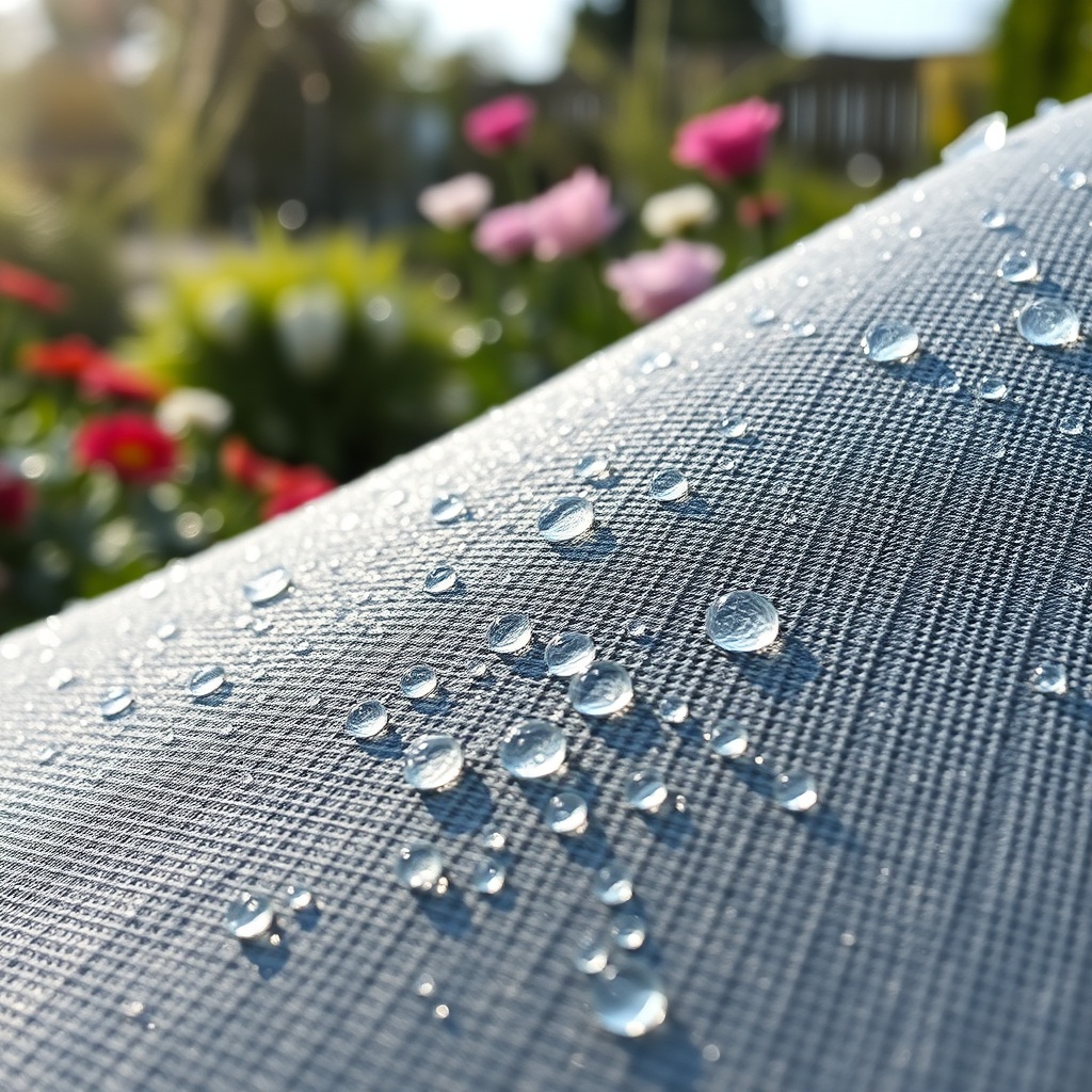 A photorealistic close-up of a Warema Top Line markise showing the woven fabric texture