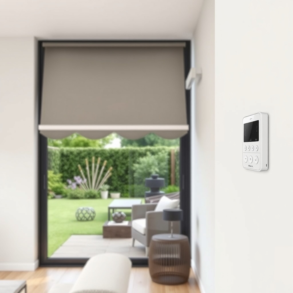 A photorealistic photo of a modern living room interior with a white wall-mounted remote c