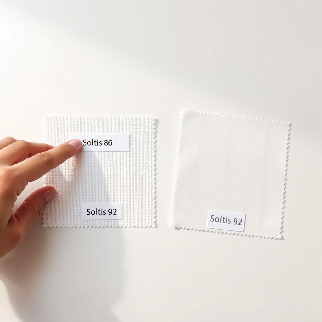 A photorealistic photo comparing two fabric samples side by side on a white surface: one S