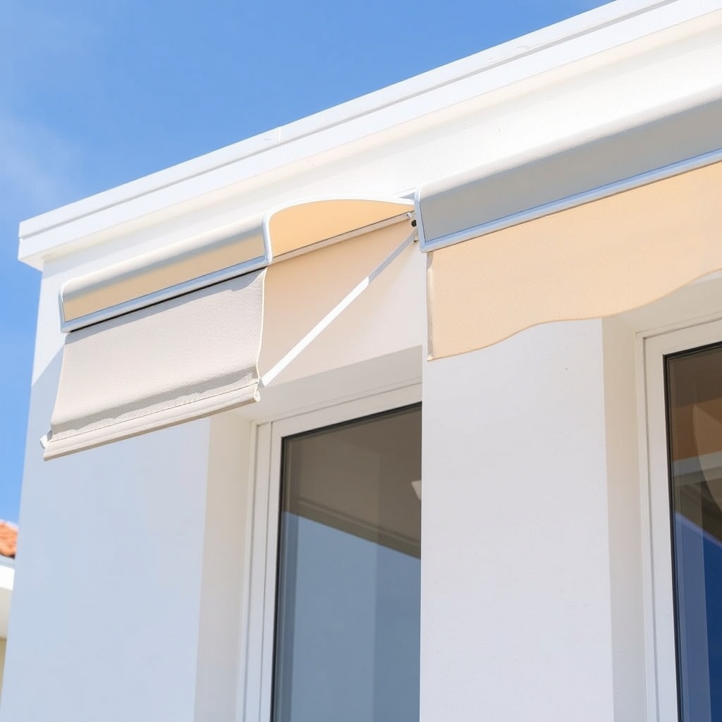 A photorealistic close-up comparison shot of two premium cassette awnings mounted side-by-